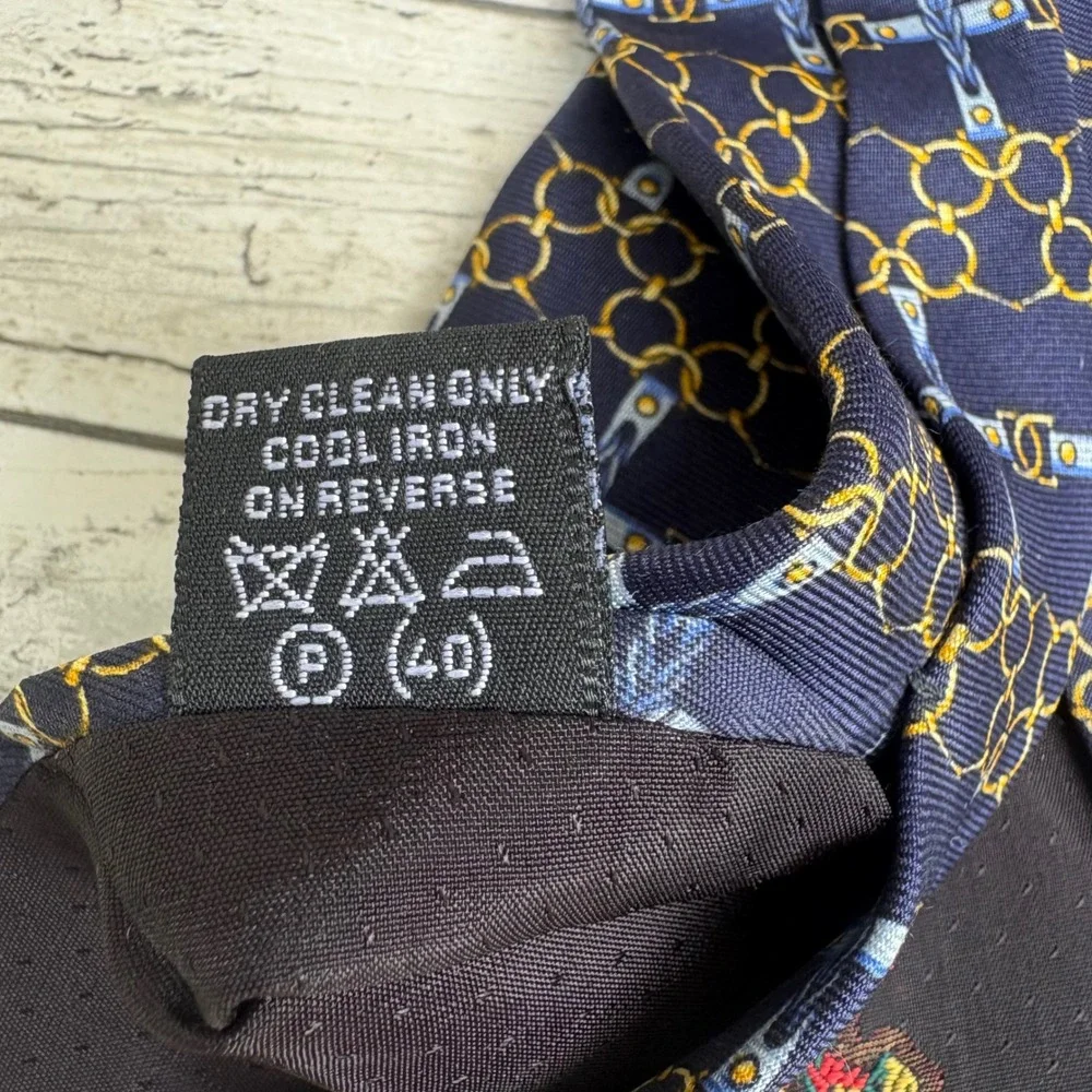 VTG Paolo Designed by Paolo Gucci Silk Tie OS Navy Bluer Equestrian Chain Italy